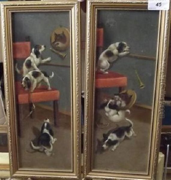 Three Mischievous Hound Puppies (pair) Oil Painting by Roland Knight