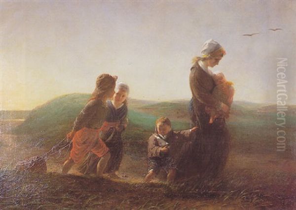 Jeune Mere Et Ses Enfants En Bord De Mer Oil Painting by William Henry Knight