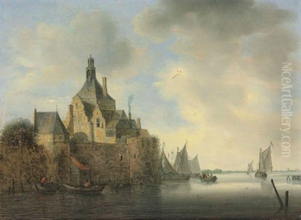 A Seascape With Boats By A Fortified Village Oil Painting by Wouter Knijff