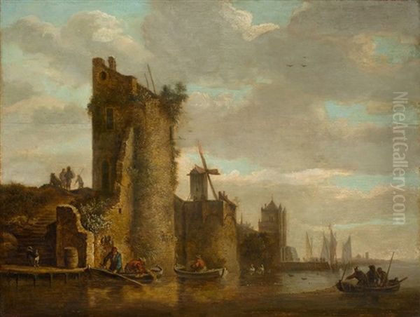 City Wall With Bastions, Windmill And A Jetty On A River Oil Painting by Wouter Knijff