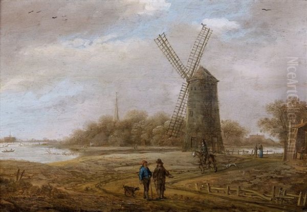 Paysage Au Moulin Avec Des Promeneurs Oil Painting by Wouter Knijff