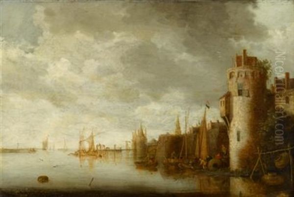 Fishermen At A River Estuary Near A Fortified Town Oil Painting by Wouter Knijff