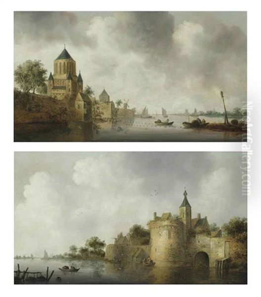 Fishermen In Rowing Boats Near The Kleine Houtpoort, Haarlem (+ A River Landscape With A Romanesque Church And A Walled Town; Pair) Oil Painting by Wouter Knijff