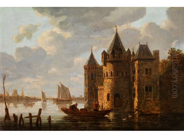 Niederlandische Kanallandschaft Mit Kahn Und Segelschiffen Und Burg Am Ufer Oil Painting by Wouter Knijff