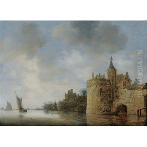 A River Estuary With Two Fishermen In A Rowing Boat Near A Fortified Town, Sailing Vessels Beyond Oil Painting by Wouter Knijff