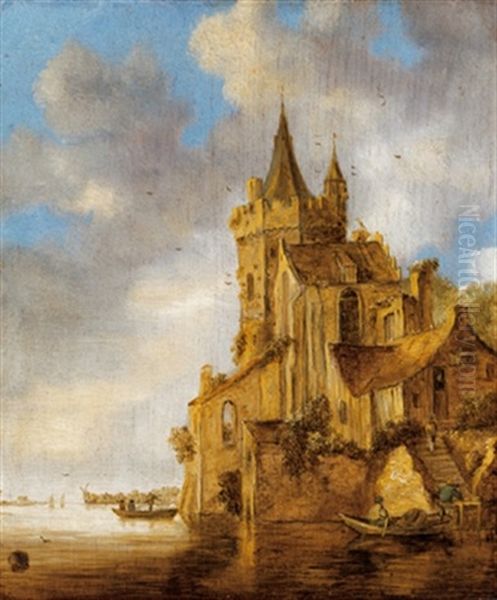 Hauser Und Ein Turm An Einem Fluss Oil Painting by Wouter Knijff