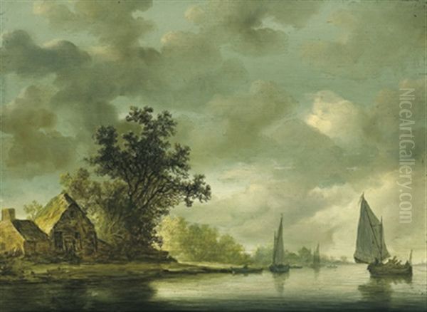 Flusslandschaft Mit Segelbooten Und Einem Bauernhaus Oil Painting by Wouter Knijff