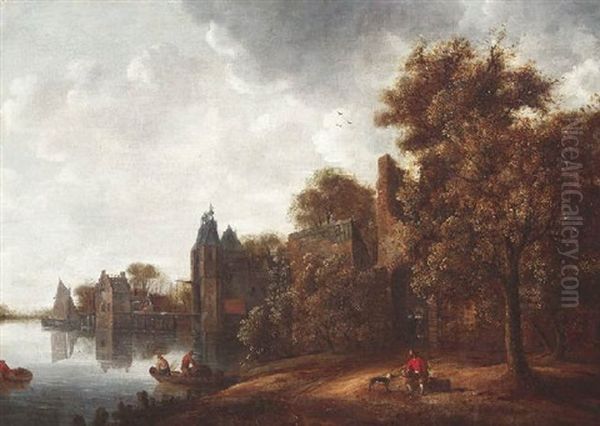 Blick Auf Eine Wasserburg In Bewaldeter Landschaft Oil Painting by Wouter Knijff