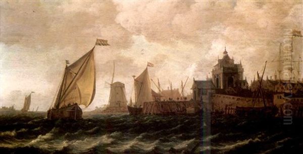 Dutch Pinks In Choppy Waters Off The Coast Of Dordrecht Oil Painting by Wouter Knijff