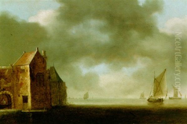 A River Landscape With Sailing Boats And A Fortified Entrance Gate To The Left Oil Painting by Wouter Knijff