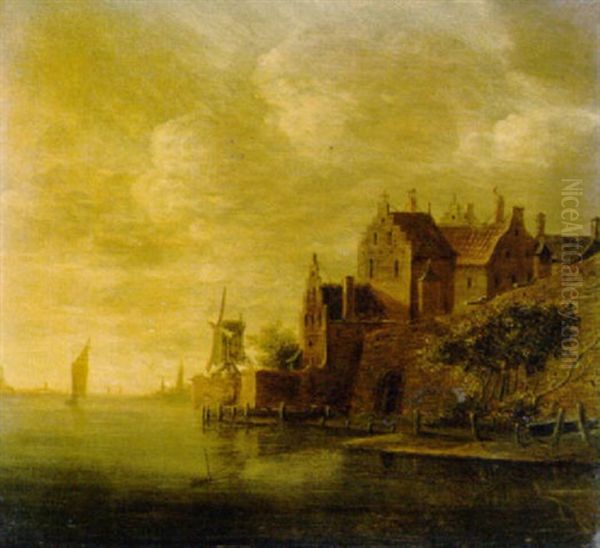 A Fortified Town On A River, With A Sailing Boat In The Distance, At Sunset Oil Painting by Wouter Knijff