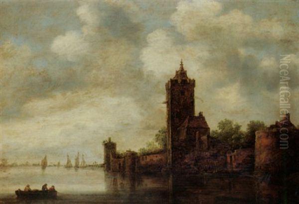 A River Landscape With A Castle And Fishermen Oil Painting by Wouter Knijff