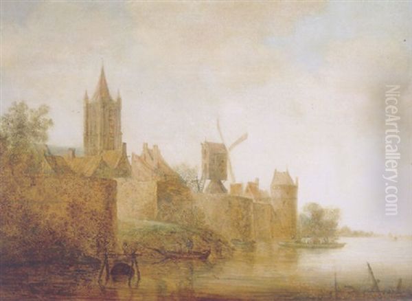 A View Of Delft From The River Schie, With The Oude Kerk, The Steckmeulen And The Bagyntoren Oil Painting by Wouter Knijff