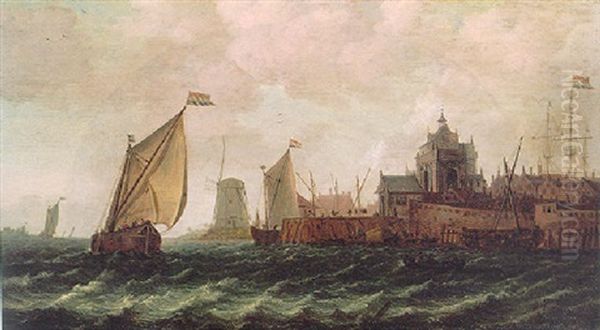 Dutch Pinks In Choppy Waters Off The Coast Of Dordrecht Oil Painting by Wouter Knijff