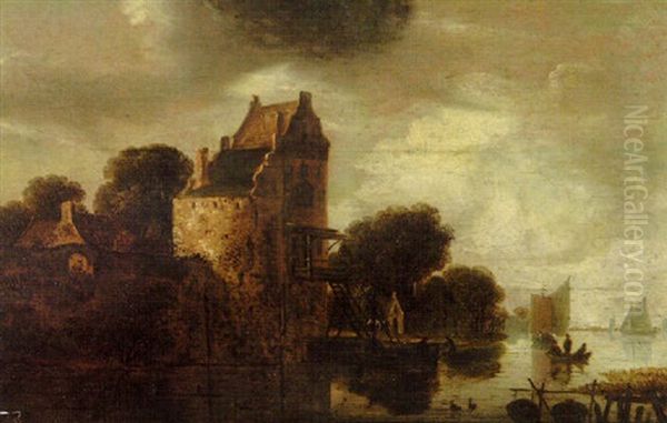 A River Landscape With Fishermen At A Landing Stage By A Tower, Sailing Vessels Beyond Oil Painting by Wouter Knijff