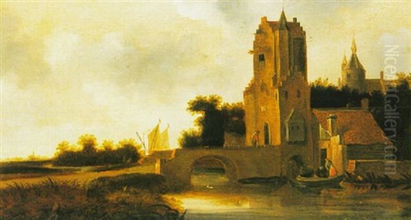 A River Landscape With The Pellecussenpoort Of Utrecht Oil Painting by Wouter Knijff