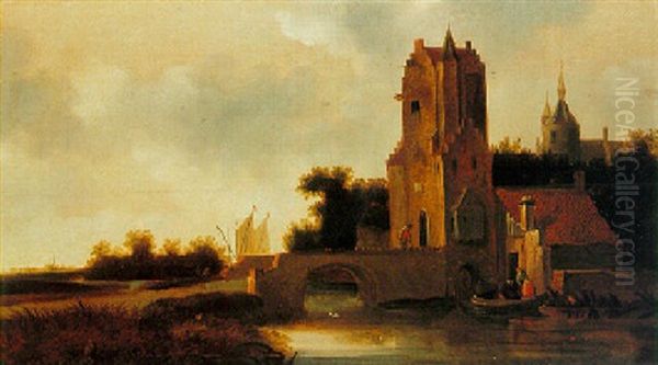 River Landscape With A Watergate Oil Painting by Wouter Knijff