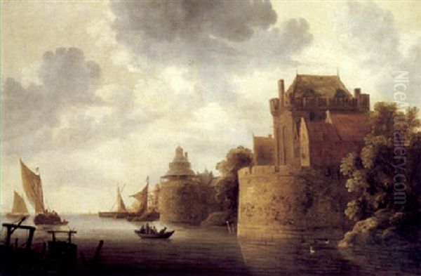 River Landscape With Boats Beneath A Castle Oil Painting by Wouter Knijff