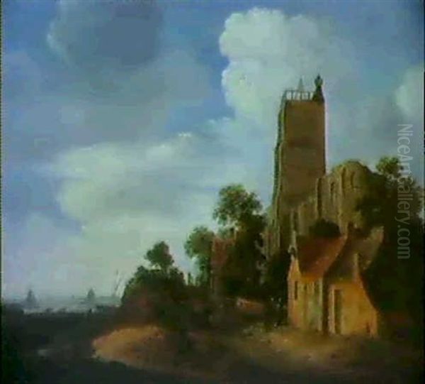 Figures On A Path Running Past The Village Of Egmont Aan Zee With The Church Overlooking The River Estuary Oil Painting by Wouter Knijff