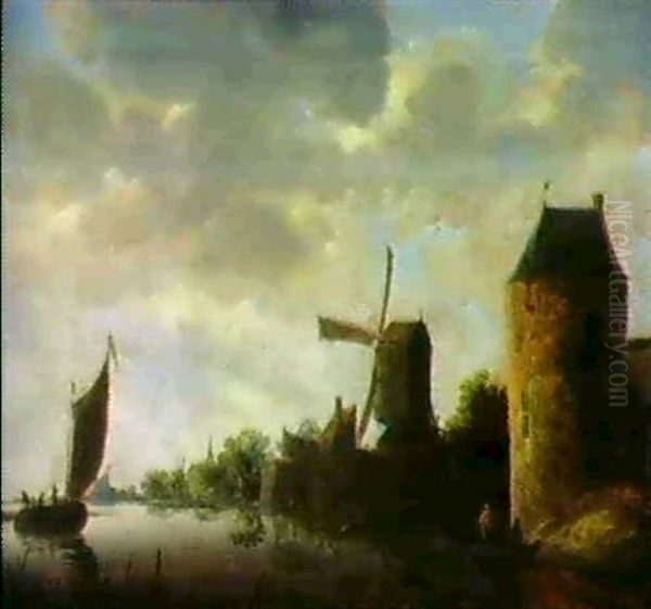 Hollandische Flusslandschaft Mit Einer Windmuhle, Einem Turm Und Fischerbooten Oil Painting by Wouter Knijff