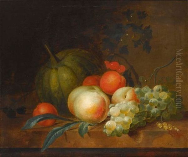 A Still Life With Two Peaches, Grapes, Plums And A Mellon, All On A Wooden Ledge Oil Painting by Nicolaas Frederik Knip the Elder