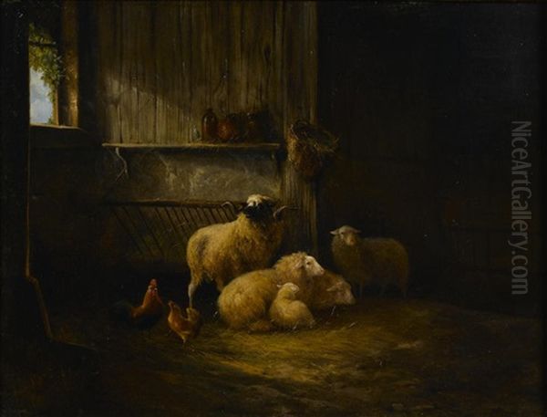 Chickens And Sheep In A Barn Oil Painting by August Knip