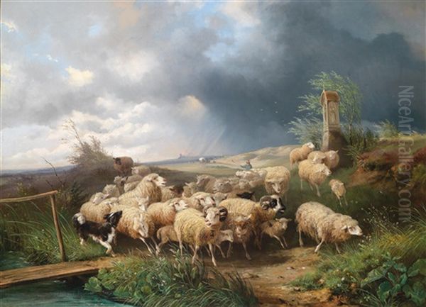 Schafstrieb Vor Dem Gewitter Oil Painting by August Knip