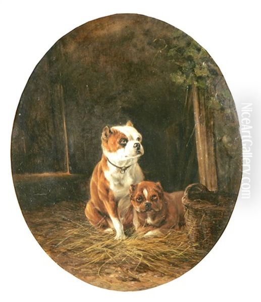 Tva Pitbulls I En Lada Oil Painting by August Knip