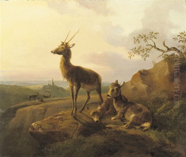 A Deer Overlooking A Valley At Dusk Oil Painting by August Knip