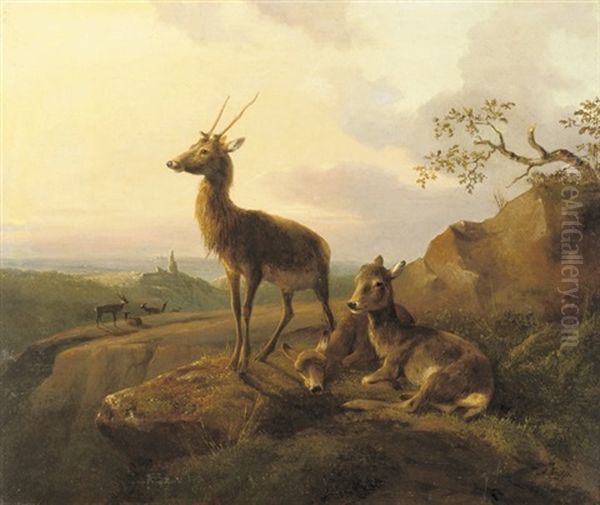 A Deer Overlooking A Valley At Dusk Oil Painting by August Knip