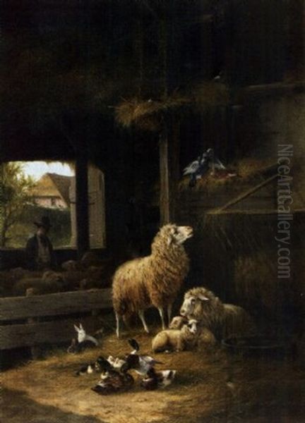 Stallidylle Mit Schafer, Kaninchen, Tauben Und Enten Oil Painting by August Knip