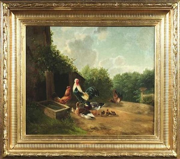 Huhner Und Enten An Einem Wassertrog Oil Painting by August Knip