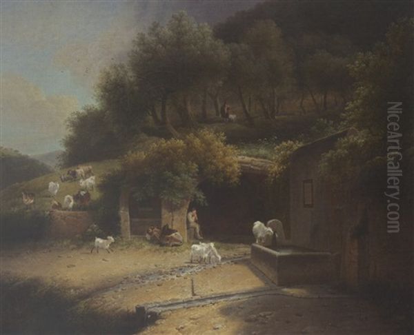 A Wooded Hilly Landscape With A Shepherd Resting In A Grotto With His Herd And A Donkey, Near A Fountain With Another Shepherd In The Background Oil Painting by August Knip