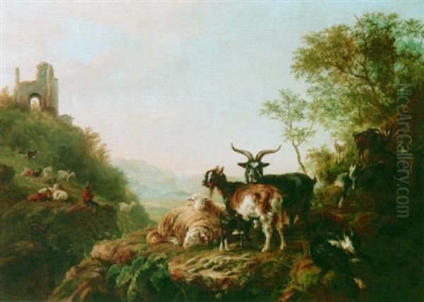 A Mountainous Landscape With A Shepherd And His Flock Oil Painting by August Knip