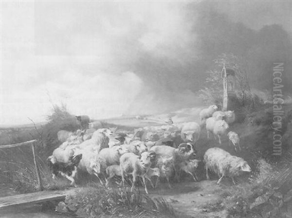 Schafer Mit Seiner Herde Auf Dem Heimweg Oil Painting by August Knip