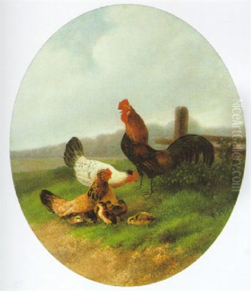 Hahn Mit Seinen Hennen Oil Painting by August Knip