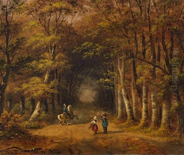 Forest Path With Riders And Peasants Gathering Firewood by Hendrik Johannes Knip