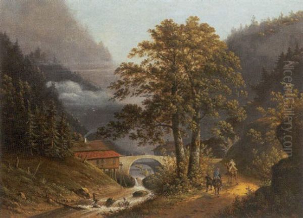 Bjerglandskab, I Forgrunden Vandmolle Og Rytterer Til Hest Oil Painting by Hendrik Johannes Knip