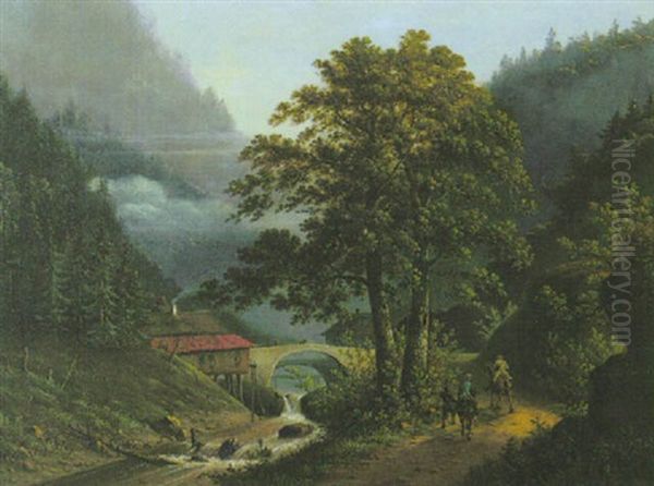 Bewaldetes Flustal Mit Einer Steinernen Bogenbrucke Oil Painting by Hendrik Johannes Knip