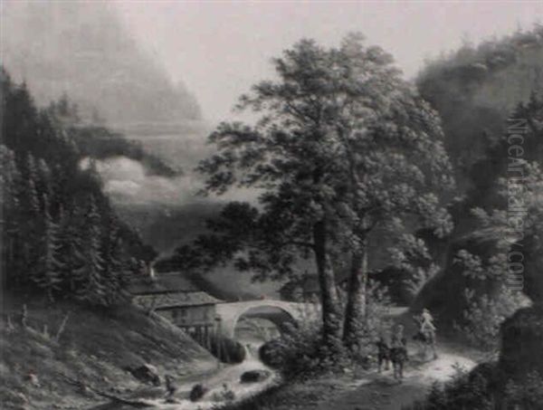 Bewaldetes Flustal Mit Einer Steinernen Bogenbrucke Oil Painting by Hendrik Johannes Knip