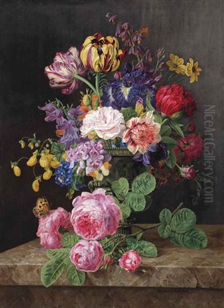 Roses, Tulips, Lady's Purses, Black Irises And Other Flowers In A Vase, And A Stem Of Pink Roses, On A Stone Ledge Oil Painting by Henriette Gertrude Knip