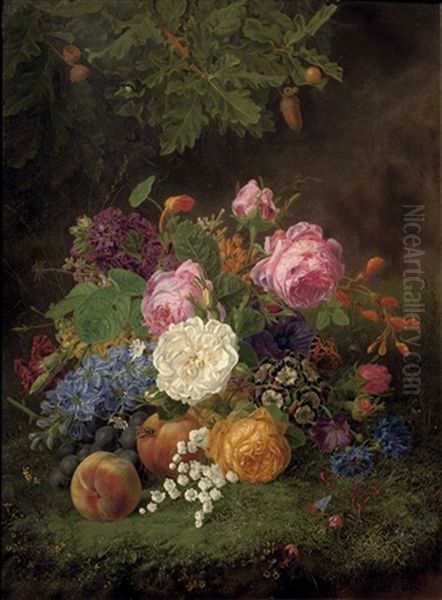 A Colourful Bouquet Of Flowers And Various Fruits On A Forest Floor Oil Painting by Henriette Gertrude Knip