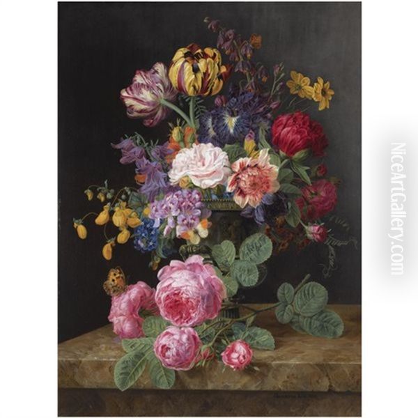 A Still Life With Roses, Tulips And Other Flowers Oil Painting by Henriette Gertrude Knip