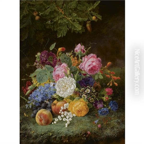 A Still Life With Flowers And Fruit On A Forest Ground Oil Painting by Henriette Gertrude Knip