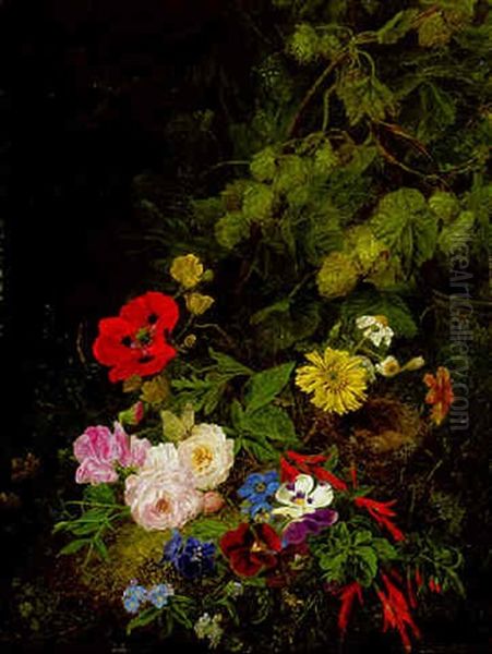 Summer Flowers And A Bird's Nest In A Wood Oil Painting by Henriette Gertrude Knip