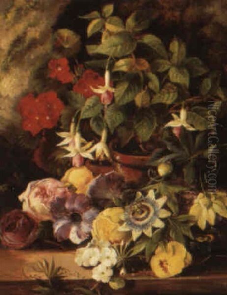 A Still Life With Geranium And Fuschia And Other Flowers On A Ledge Oil Painting by Henriette Gertrude Knip