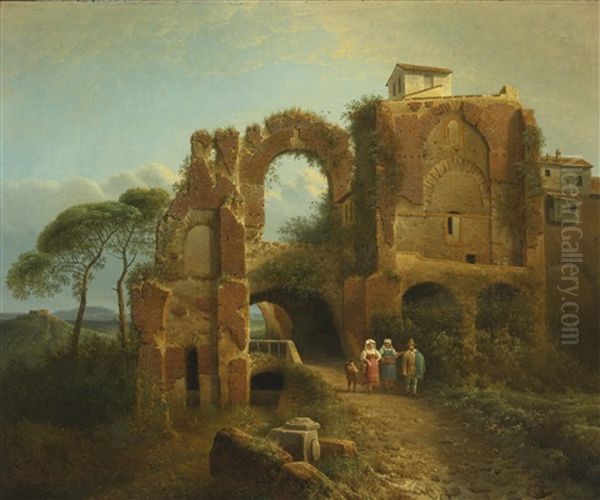 Italian Landscape With Figures And Ruins Oil Painting by Joseph Augustus Knip