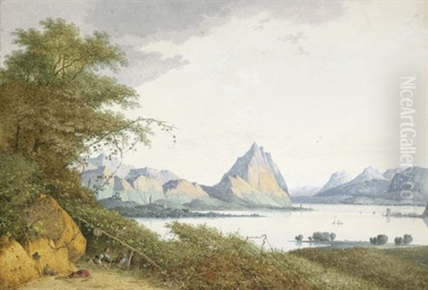 Blick Auf Den Lago Di Annone, Im Vordergrund Rechts Rastende Bauern Unter Einer Pergola Oil Painting by Joseph Augustus Knip