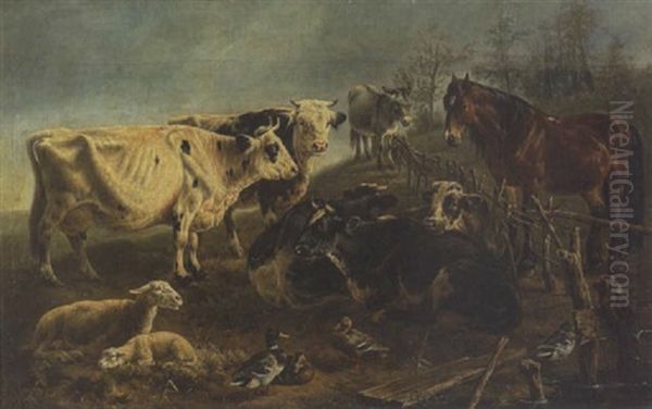 Schafe, Kuhe, Pferd, Esel Und Enten Auf Der Weide Oil Painting by Joseph Augustus Knip