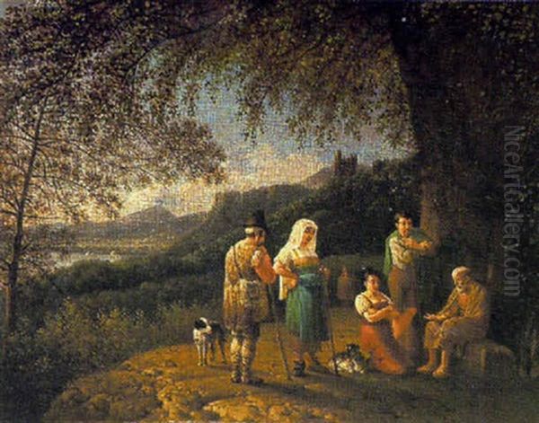 Peasants Resting In A Mountainous Setting Oil Painting by Joseph Augustus Knip